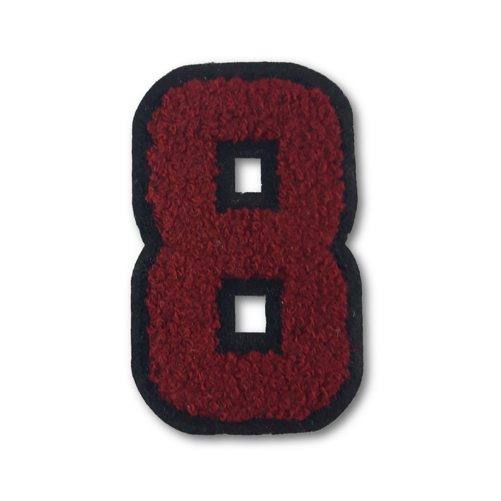 Patch / Toppa Termoadesiva numero 8 Stile College effetto spugna Rosso  scuro con profilo nero 6,4 x 10,5 cm